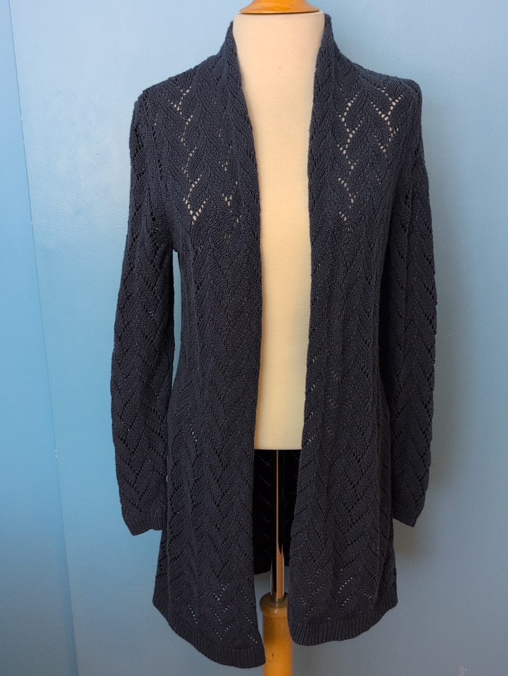 Leo Nicole Navy Blue Chevron Open Knit Pointelle Duster Cardigan Sweater Size S